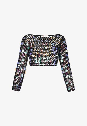 Przycięta czarna bluzka z rybackiej siatki z długimi rękawami, ozdobiona iryzującymi cekinami w różnych kolorach, tworzącymi teksturowany wzór na całej powierzchni.