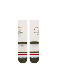 White cotton socks featuring a green bear and surfboard graphic, "California" text, and red accents with striped patterns at the cuff.