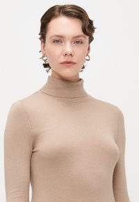 Beige turtleneck sweater made from soft material, featuring long sleeves, fitted design, and ribbed collar for added texture.