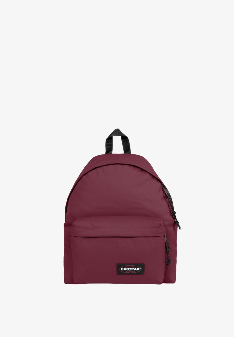 Maroon Eastpak backpack with a rounded shape, front zip pocket, and reinforced handle. Textured fabric with smooth zippers and logo patch.