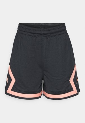 Black athletic shorts with textured fabric, elastic waistband, and pink accents. Features a logo on the side in matching pink.