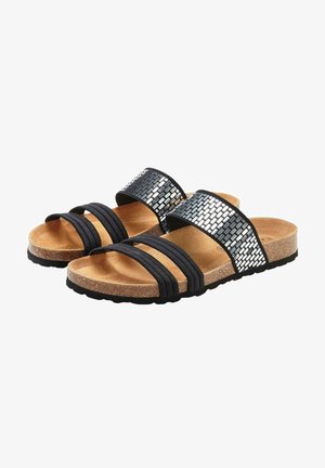 Zwarte sandalen met twee elastische bandjes en een metalen geweven accent. Kurken voetbed en een gestructureerde rubberen zool voor comfort en grip.