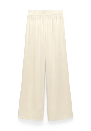Pantalon beige à jambes larges avec ceinture élastique, fabriqué en tissu lisse et léger, présenté sur fond blanc.