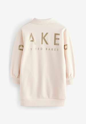 Rosa Sweatshirt mit goldener Aufschrift "BAKE by TED BAKER." Hat einen gerippten Kragen und Bündchen und bietet eine weiche, glatte Textur.