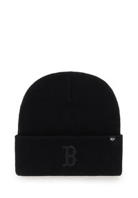 Black knit beanie with a folded cuff and embossed "B" logo on the front. Soft texture with a ribbed design. Compact shape for snug fit.