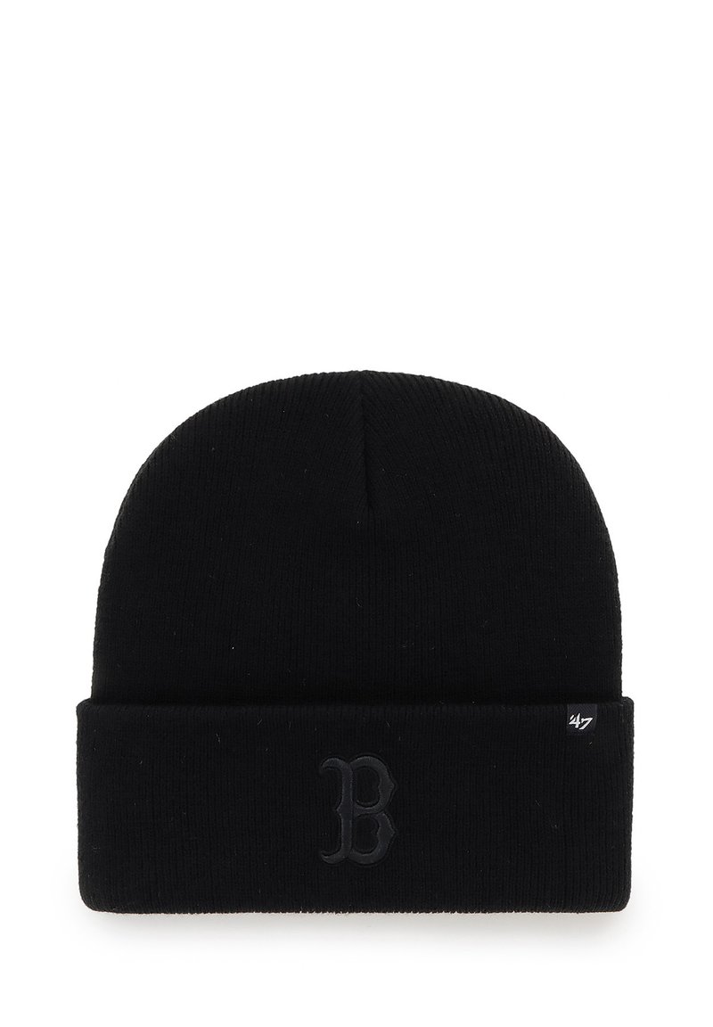 Black knit beanie with a folded cuff and embossed "B" logo on the front. Soft texture with a ribbed design. Compact shape for snug fit.