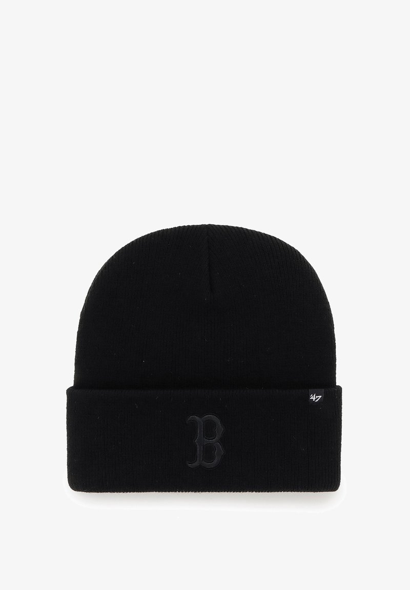 Black knit beanie with a folded cuff and embossed "B" logo on the front. Soft texture with a ribbed design. Compact shape for snug fit.