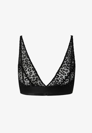 Schwarzer Spitzen-Bralette mit Leopardenmuster, V-Ausschnitt-Design und breitem Stoffband am unteren Rand. Verfügt über verstellbare Träger und strukturierte Materialien.