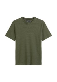 Olive green short-sleeve T-shirt with a crew neck and subtle horizontal stripes. Made from soft material, features a relaxed fit and clean stitching.