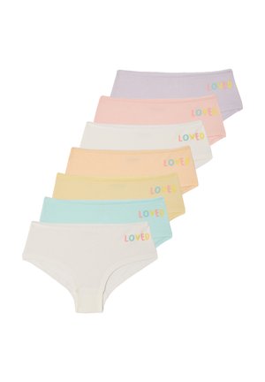 Seven pastel-colored women's briefs stacked, each with the word "LOVED" in multicolored letters on the left hip.
