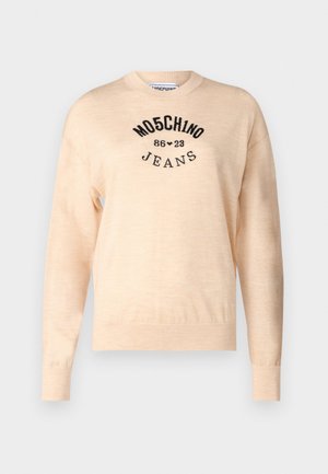 Light beige sweater made of a soft knit, featuring a round neckline, long sleeves, and a black embroidered logo with the text "Moschino Jeans."