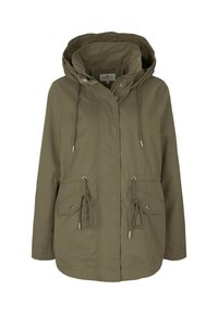 Veste à capuche vert olive avec fermeture éclair frontale, boutons-pression, taille ajustable par cordon et deux poches à rabat avec fermetures à boutons.