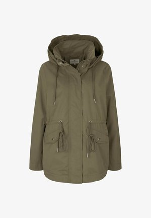 Olivengrøn hættetrøjejakke med frontlynlås, trykknapper, justerbar talje med snøre og to klaplommer med knaplukning.