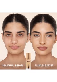 Airbrush foundation bottle beside two facial portraits: left shows bare skin with blemishes; right has smooth, even complexion.