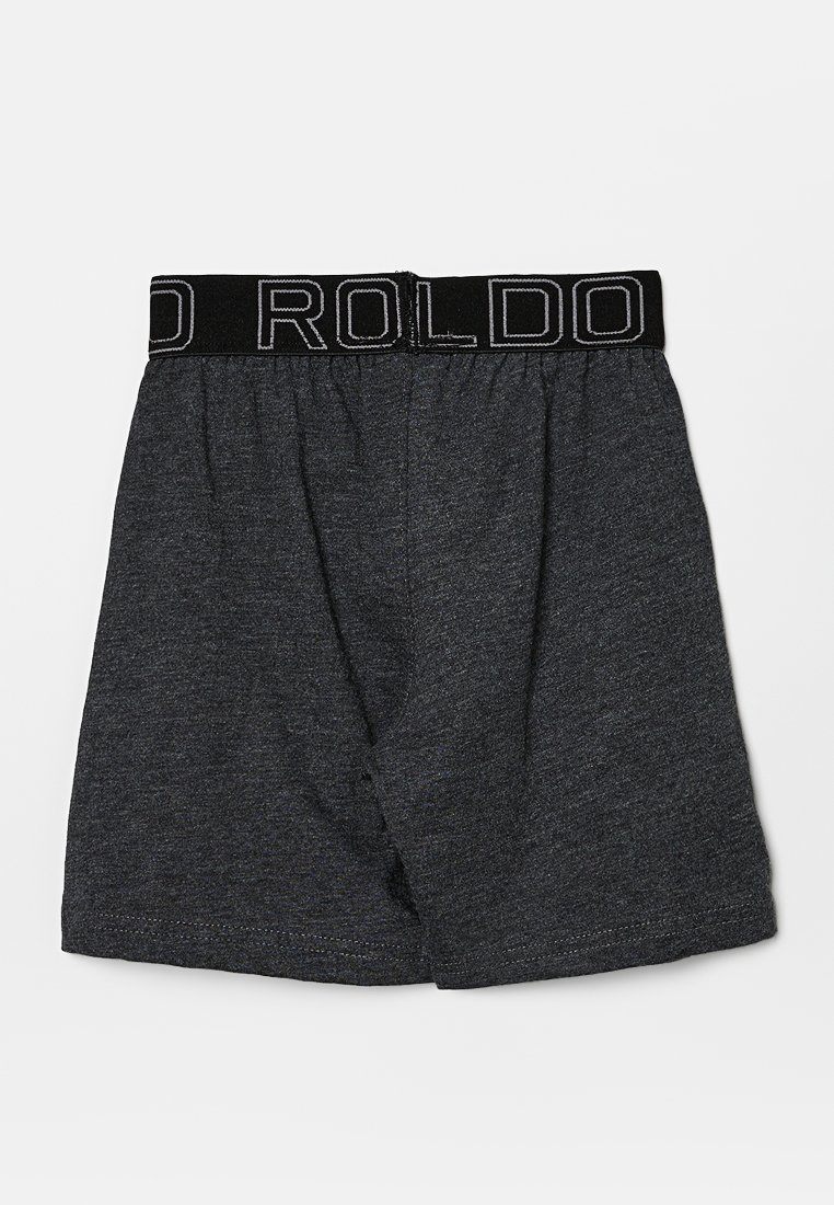 Boxer shorts pour hommes gris foncé avec une ceinture élastique noire portant le texte "ROLDO" en couture grise.