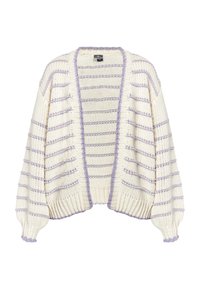 Gehaakte cardigan in crème met lavendel horizontale strepen. Heeft een losse, open ontwerp, geribbelde manchetten en een gestructureerde stof.