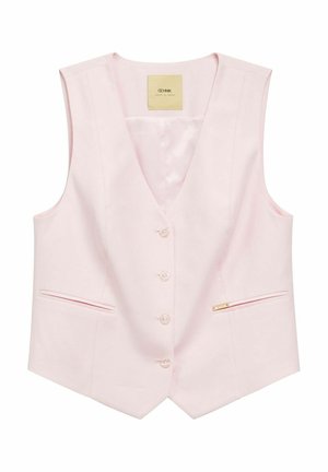 Jasnoróżowa, bezrękawnikowa, dopasowana kamizelka z czterema przednimi guzikami i dwoma poziomymi kieszeniami z patkami, z małą złotą metką marki na jednej z kieszeni.