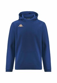 Hoodie blu navy con tasca a marsupio frontale e piccolo logo beige di due figure sedute sul lato sinistro del petto.