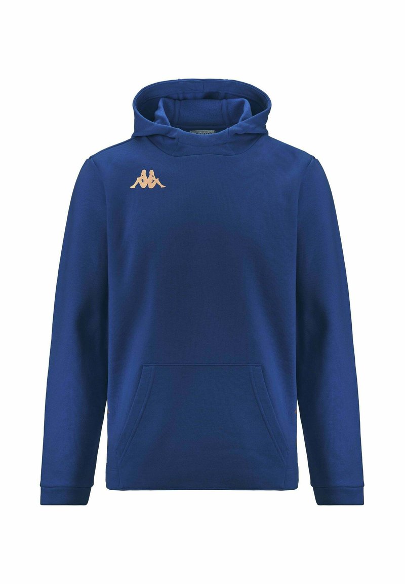 Hoodie blu navy con tasca a marsupio frontale e piccolo logo beige di due figure sedute sul lato sinistro del petto.
