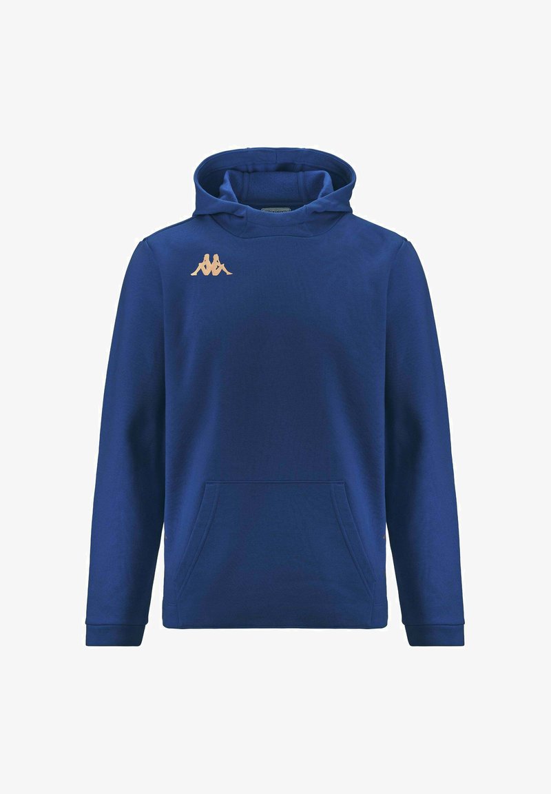 Hoodie blu navy con tasca a marsupio frontale e piccolo logo beige di due figure sedute sul lato sinistro del petto.