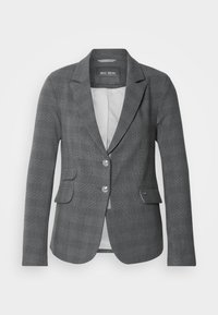 Grijze geruite blazer met een revers, twee voorke pockets en zilverkleurige knopen. Heeft een gladde binnenvoering en een gestructureerde pasvorm.