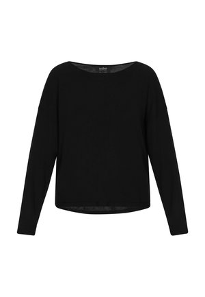 Crna majica dugih rukava od mekanog materijala, s širokim izrezom i ležernim krojem. Dizajn uključuje spuštena ramena i ravni rub.