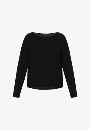 Sort langærmet top lavet af blødt stof, med en bred halsudskæring og en afslappet pasform. Designet inkluderer sænkede skuldre og en lige kant.