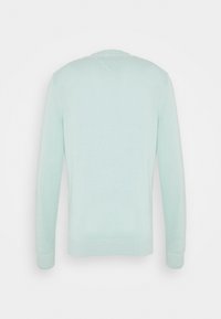 Maglione verde menta chiaro con una texture morbida, caratterizzato da un collo rotondo e polsini e orlo a costine. Taglio in un design classico a maniche lunghe.
