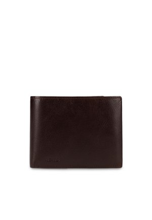 Dark brown leather bifold wallet with subtle textured finish and small embossed brand logo on front lower left corner.
