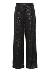 Pantalon noir à jambes larges couvert de sequins, avec une ceinture lisse, une coupe ample et une texture scintillante sur toute la surface.