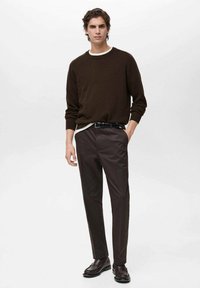 Dark brown sweater with a crew neck over a white shirt, paired with dark brown trousers and black shoes, featuring smooth textures and tailored fit.