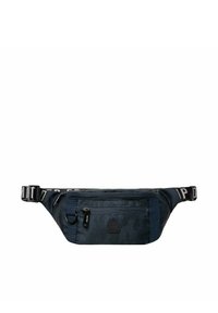 Blaues Stoff-Gürteltasche mit strukturiertem Muster, Reißverschluss-Vordertasche, verstellbarem Gurt und Logodetails am Gurt.