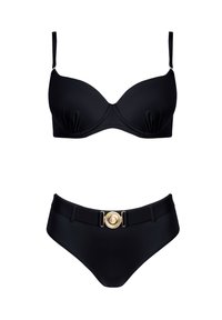 Czarny zestaw bikini z wyściełanym biustonoszem i regulowanymi ramiączkami oraz wysokim stanem z złotym okrągłym akcentem w talii.