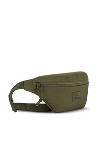 Olivegrüne Bauchtasche aus strapazierfähigem Material, mit einer vorderen Reißverschlusstasche, verstellbarem Gurt und Logo-Patch auf der Vorderseite.