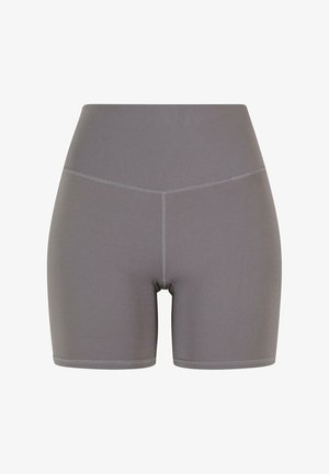Pantaloni da allenamento grigi realizzati in tessuto elasticizzato. Design a vita alta con cuciture piatte e una texture liscia. Nessun motivo visibile o dettagli decorativi.