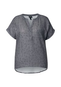 Blusa grigia a maniche corte realizzata in tessuto leggero, con patta bottonata, orlo arrotondato e dettagli di trama e motivo sottili.