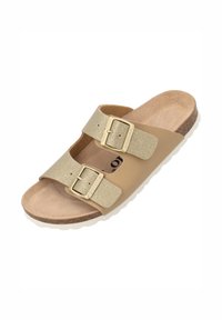 Braune Slipper-Sandalen mit zwei verstellbaren, metallisch goldenen Schnallen, einem weichen, wildlederähnlichen Fußbett und einer weißen Gummisohle. Glitzernde Riemenakzente.