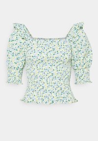 Floral printed blouse featuring light blue base with green and yellow patterns, puff sleeves, and a smocked bodice. Square neckline design.