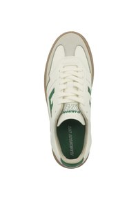 Weiße und grüne Sneakers mit einer strukturierten Oberfläche, die ein glattes Obermaterial, eine runde Zehenpartie und eine Gummisohle aufweisen. Logo von "Flamingos Life" sichtbar.