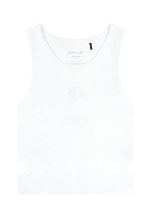 Witte tanktop gemaakt van biologisch katoen. Beschikt over een geribbelde textuur, ronde halslijn en klein reliëflogo in het midden.