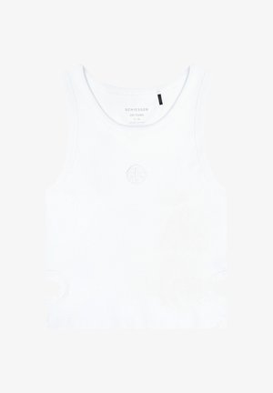 Witte tanktop gemaakt van biologisch katoen. Beschikt over een geribbelde textuur, ronde halslijn en klein reliëflogo in het midden.