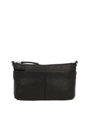 Zwarte rechthoekige leren pouch met voorvak, bovenste ritssluiting en een klein polsriempje bevestigd aan het ritstrekker.