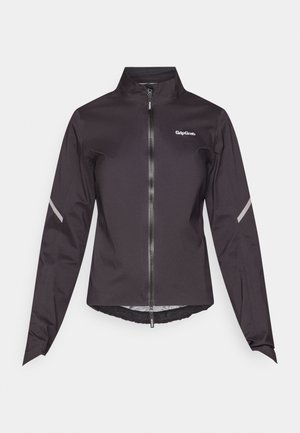 Veste de cyclisme noire imperméable avec des manches longues, un col haut, une fermeture éclair sur le devant et des accents réfléchissants sur les épaules. Légère, texture lisse.