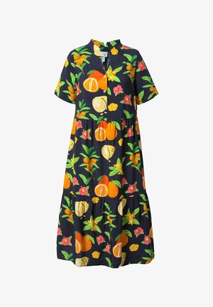 Mekko, jossa on lyhyet hihat, tummansinisellä pohjalla, jossa on hedelmä- ja kukkakuosi oranssina, keltaisena ja vihreänä. Napit edessä ja kerroksellinen helma.