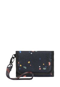 Schwarze Stoffbörse mit bunten Sprenkeln, ausgestattet mit einem Klappverschluss und einem Handgelenkriemen für einfachen Transport. Strukturiert Oberfläche.