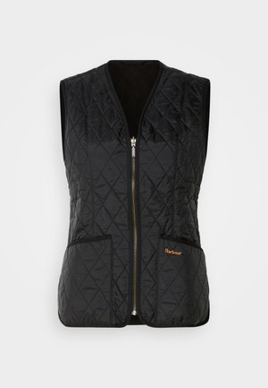 Zwarte gewatteerde vest met ritssluiting, voorzien van twee voorzakken en het "Barbour"-logo in oranje. Glad textuur en mouwloos ontwerp.