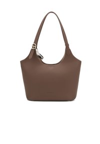 Braune, glatte, synthetische Leder-Shoppertasche mit runder Form, einem Tragegriff und Hardware-Elementen in Goldtönen. Minimalistisches Design, kein sichtbares Logo.