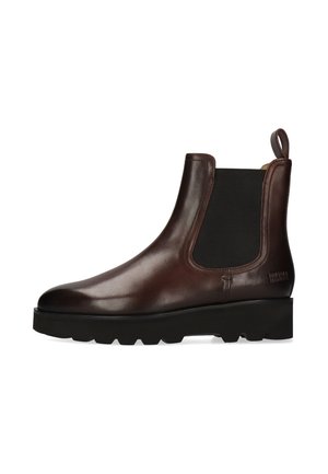 Dunkelbrauner Leder-Chelsea-Boot mit schwarzen elastischen Seitenteilen, Zuglasche hinten und dicker schwarzer Profilsohle.