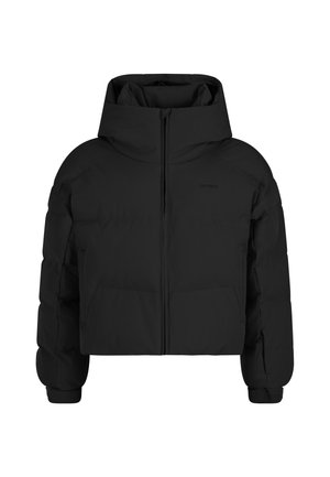 Schwarze, kurz geschnittene Steppjacke mit hohem Kragen, Frontreißverschluss und elastischen Bündchen. Glatte Textur, gepolsterte Abschnitte und minimale Markenkennzeichnung.