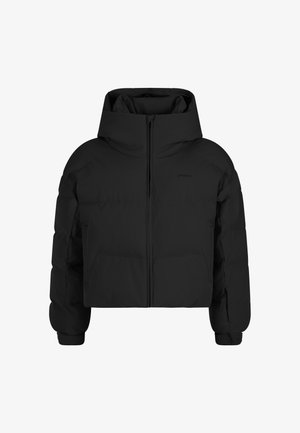 Schwarze, kurz geschnittene Steppjacke mit hohem Kragen, Frontreißverschluss und elastischen Bündchen. Glatte Textur, gepolsterte Abschnitte und minimale Markenkennzeichnung.